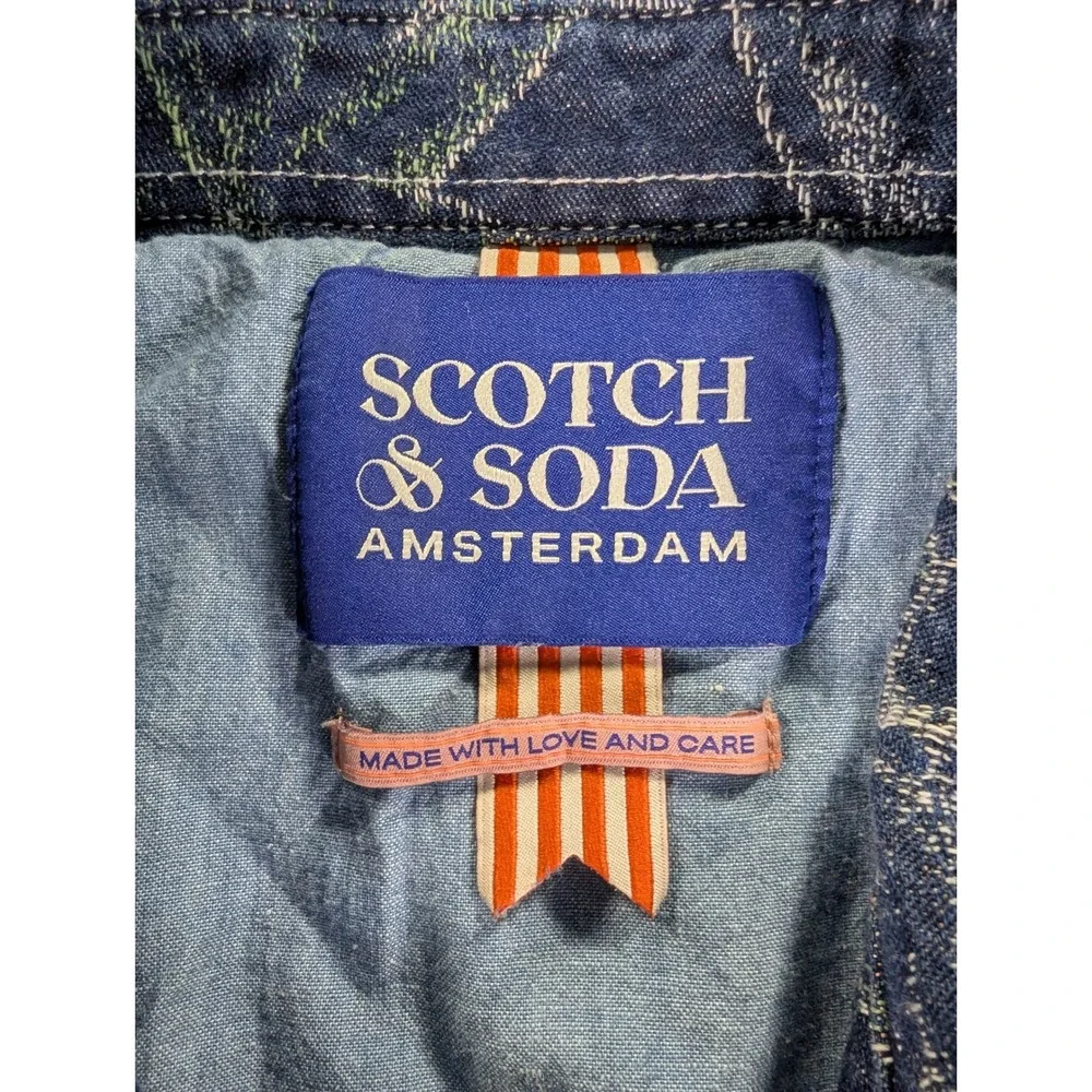 Scotch & Soda Mens XXL Blue Tropical Leaf Jacquard Cotton Hemp Denim Overshirt